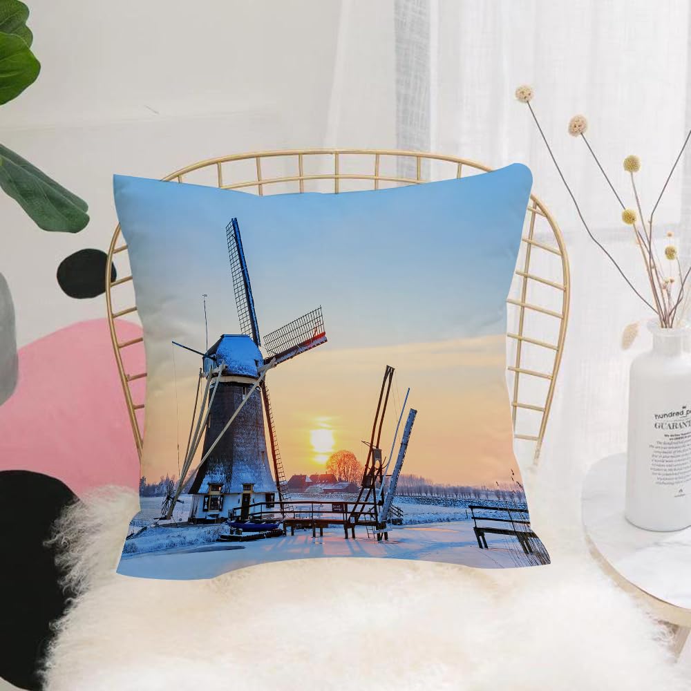 HYMSXW Cushion Cover,Throw Pillow Case Home Decorative for Living Room Bedroom Sofa Chair 20X20 Inch,Windmill decoration, frozen winter view Windmill in Holland,Pillowcase 50X50cm