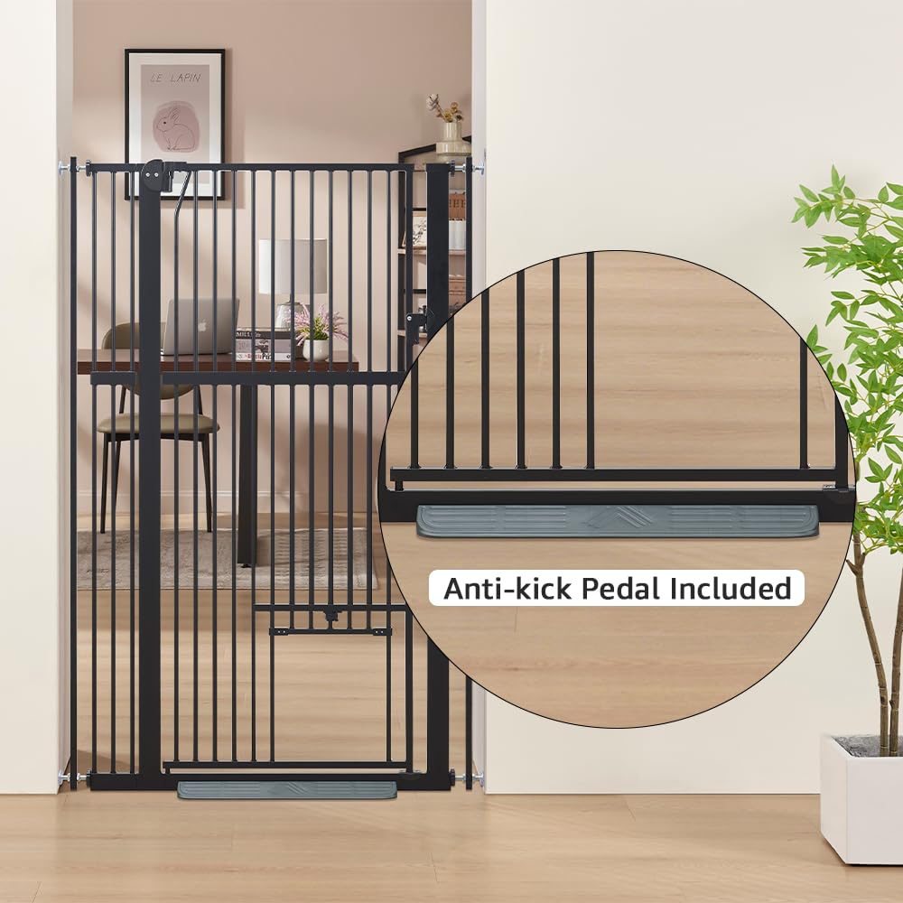 Unipaws - Barrera de seguridad extra alta (142 cm, para perros y gatos, ancho 79-95 cm, fijación por presión sin taladro, para escalera o puerta, cierre automático, color negro