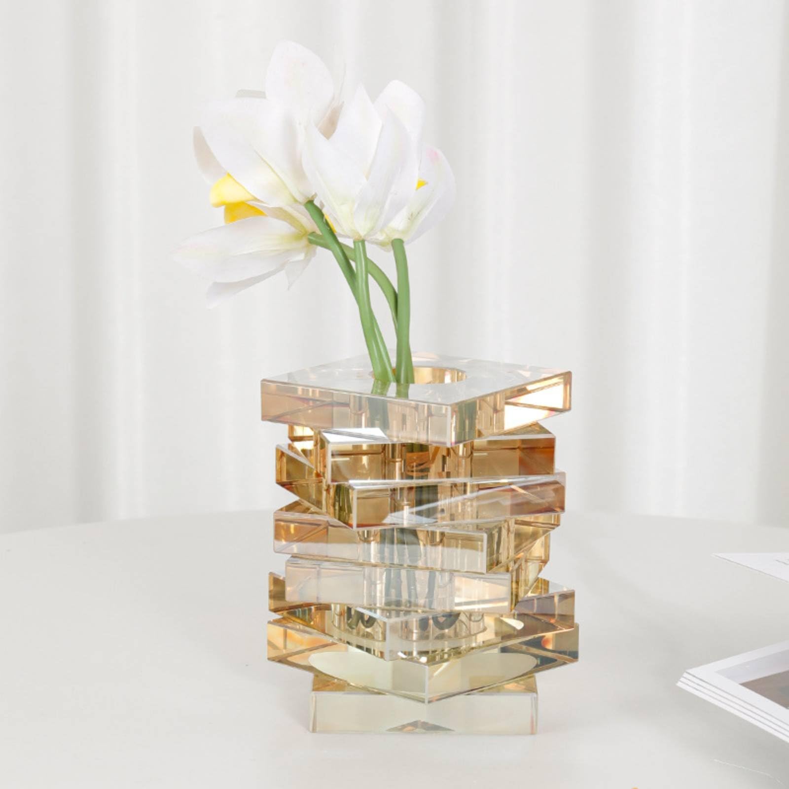 rockible Jarrón Decorativo Jarrón Florero Centro de Mesa Florero de Mesa Florero de Cristal con Efecto y Bloques Apilados Que Aportan Look Escultórico y