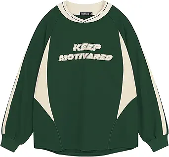 Vamtac Letter Graphic Crewneck Sweatshirts for Men Vintage Color Blocking Long Sleeve Casual Pullover Top