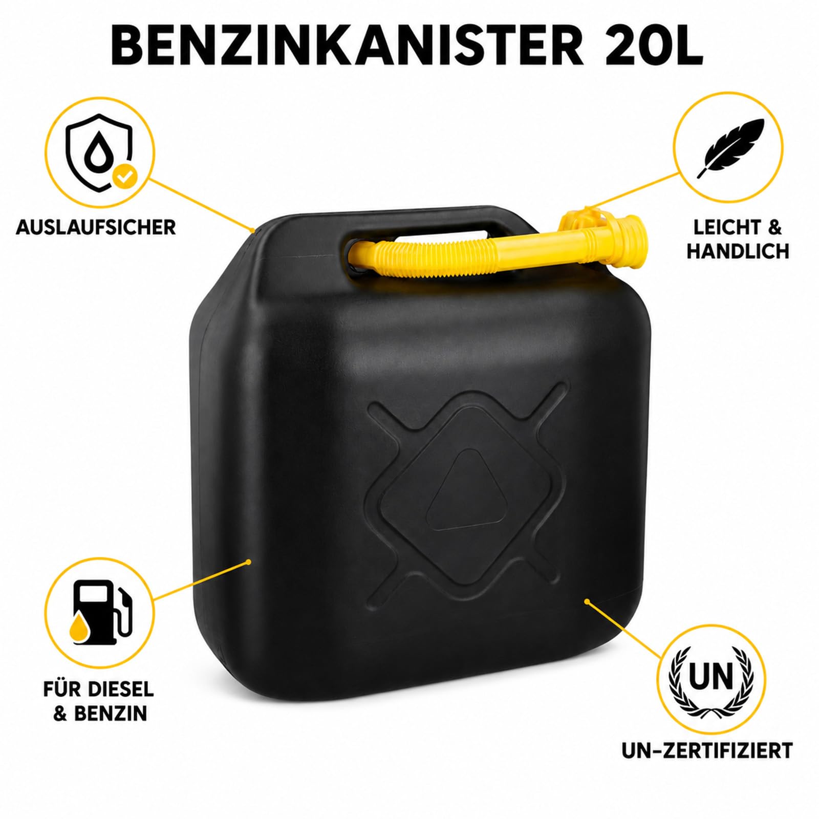 BURI Kanister na benzynę, 20 l, kanister na paliwo, kanister na olej napędowy, sprawdzony przez ONZ, z elastycznym lejkiem, kanister z tworzywa sztucznego, na benzynę, olej napędowy, wodę