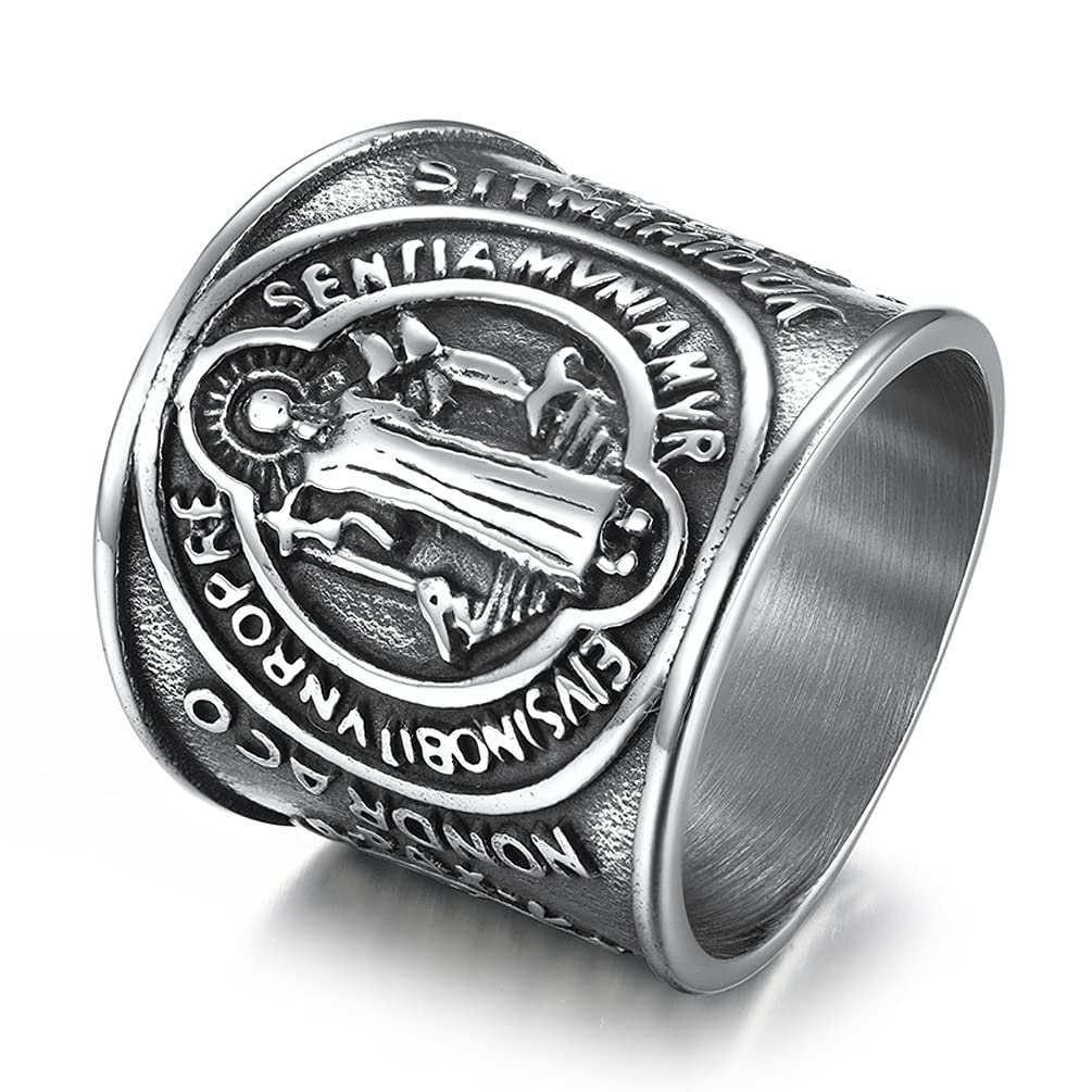 WOYNJIMen's Stainless Steel St Benedict Exorcism Ring Catholic Roman Protection Super Wide Band