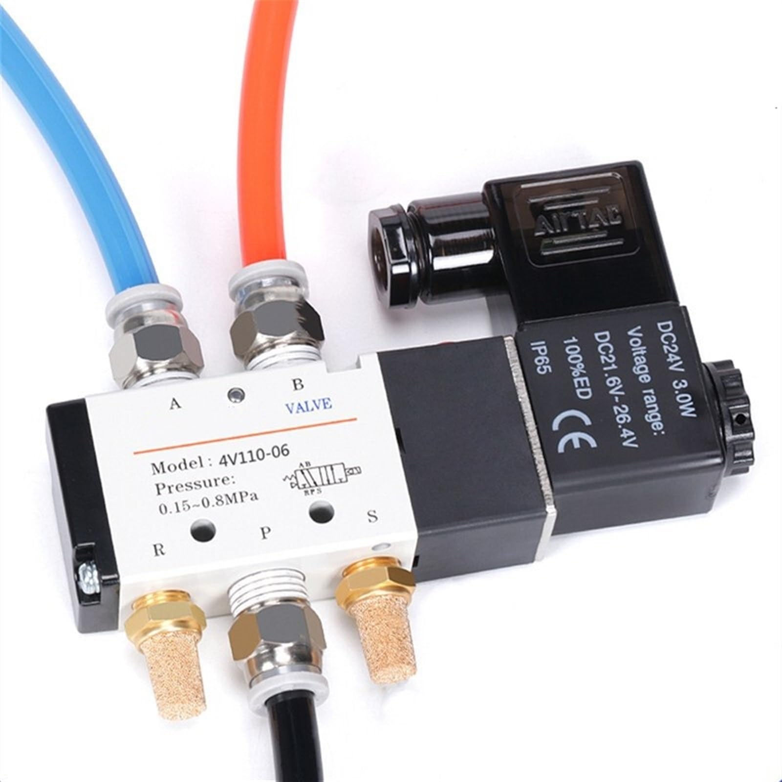4V110-06 5-drożny pneumatyczny zawór elektromagnetyczny, 2-pozycyjny 1/8", 24 V DC, 12 V, AC 110 V, CA220V z regulacją 4 mm, 6 mm i 8 mm (With-8 mm-Fitting, AC110V)