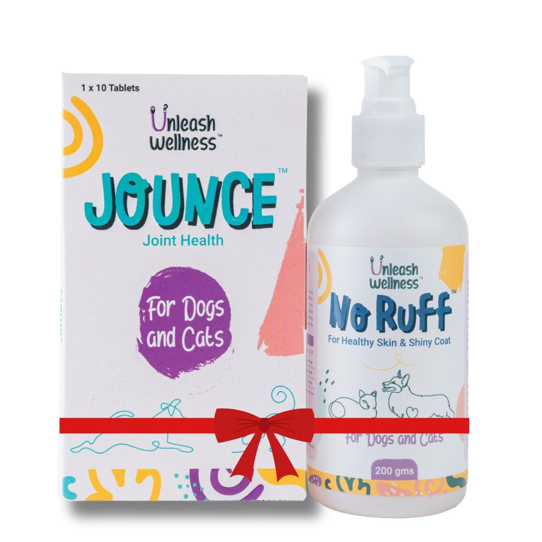 No Ruff® 200 ML & Jounce® (30 Crunchies) Combo for Dogs & Cats, Vit E, Biotin, Omega 3 6 for Think Shiny Fur and Glucosamine, Chondroitin & Hyaluronic Acid for Joint Mobility Support