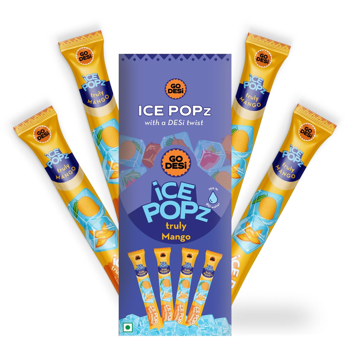 GO DESi Ice Popz, Truly Mango, Pack of 12 x 70 ml each, Fruit Ice Popsicles, Ice Pops