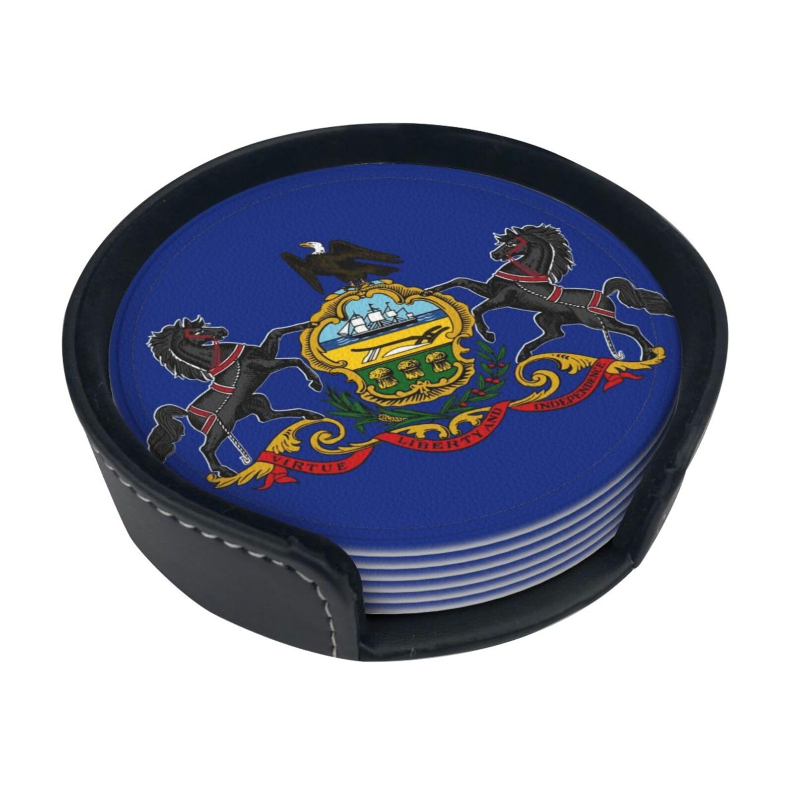 Pennsylvania State Flag Leather Coasters-Set of 6 with Storage Holder