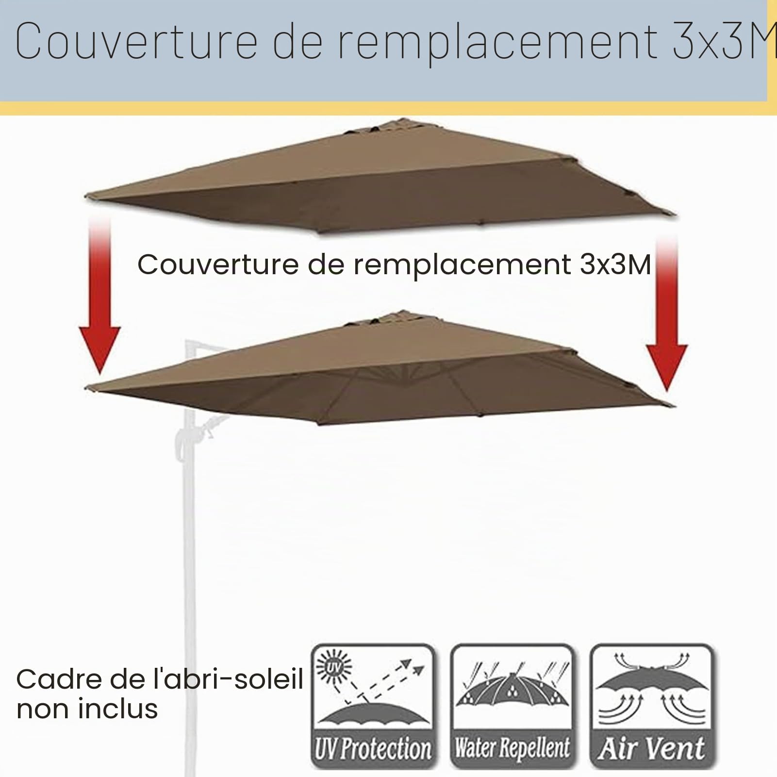 3 x 3 m,2.5 x 2.5 m,Carré Toile de Rechange,Auvent de Rechange pour Déporté Parasol de Terrasse,Auvent de remplacement pour parasol de 8 baleines,Pour extérieur