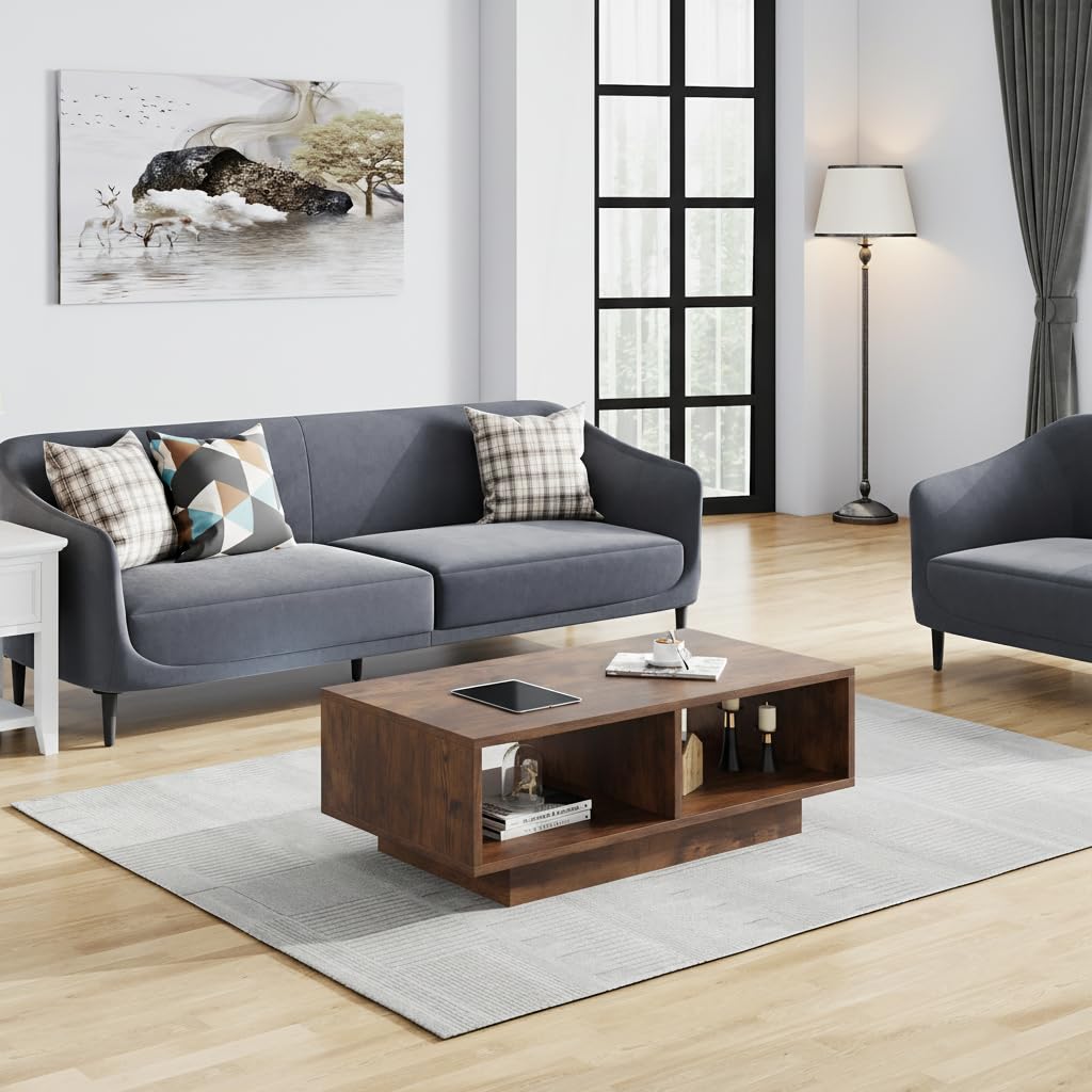 Mesa de centro vintage con aspecto de madera negra, mesa central de té para salón, moderna y elegante, mesa de café rectangular con 2 compartimentos abiertos, mesa auxiliar rectangular, mesa de