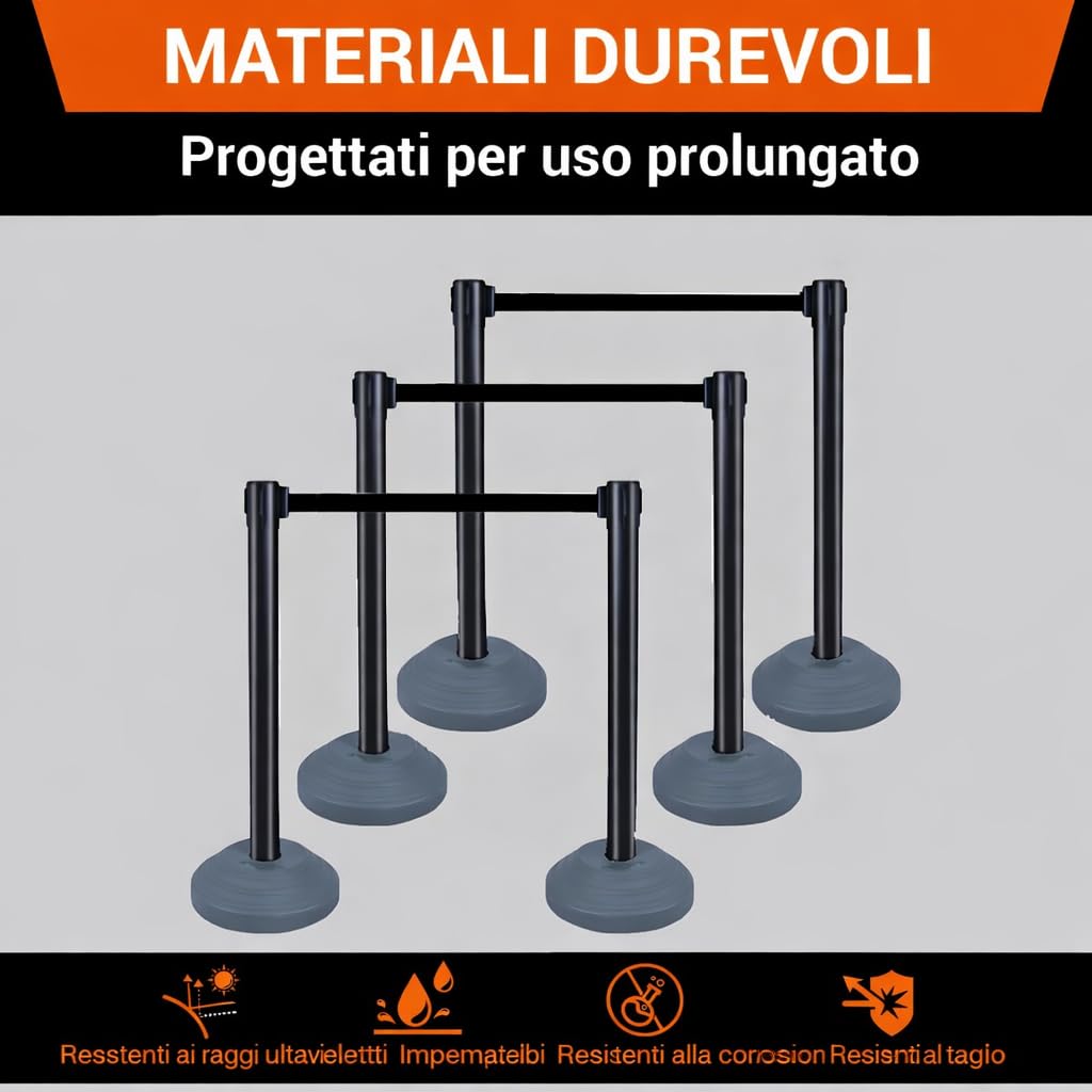 Set da 6 pezzi con pali di intercettazione estraibili, pali di barriera, cinghia estensibile da 3 m, barriera di sicurezza per il controllo della folla