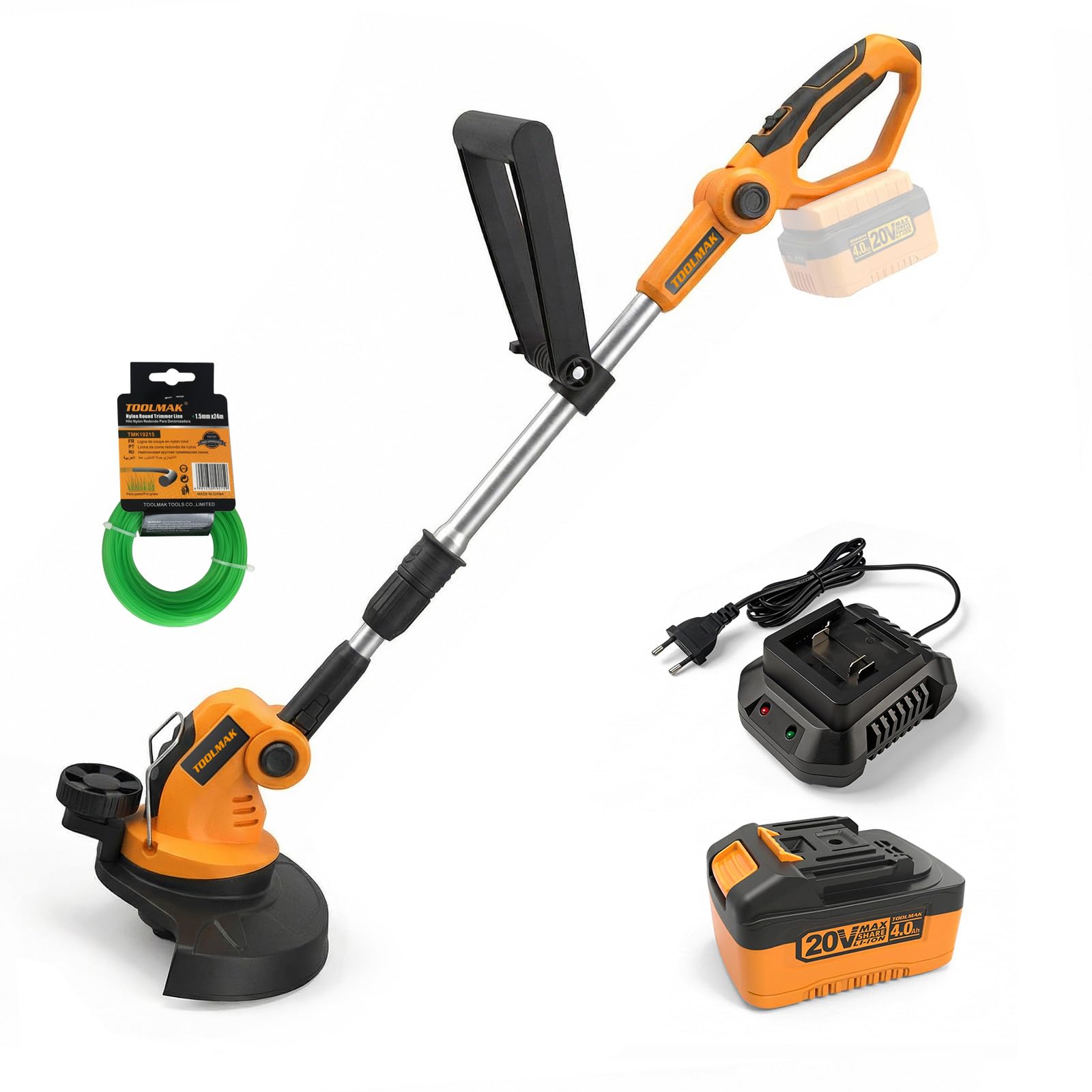 TOOLMAK Tagliabordi a Batteria 20V 4,0 Ah, Diametro Taglio 26cm per Prato | Decespugliatore Elettrico con a Filo di NylonPortatile per Giardino, Asta Telescopica con 75-123cm (1 Batteria Inclusa)