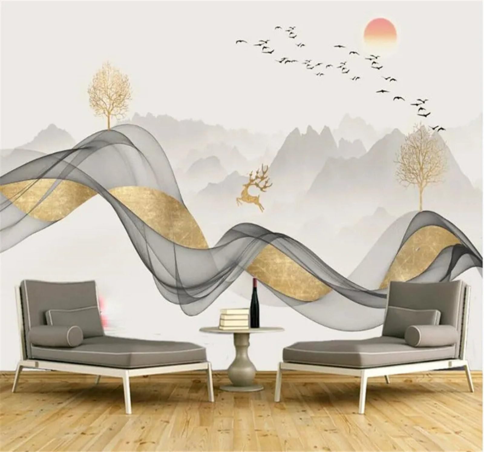 Tzxztt Abstract Gold Leaf Landscape Mist Scenery Modern 3D Wallpaper Premium Textured Silk Neutral Tones Material Ideal for Living Room Bedroom-150cm×105cm
