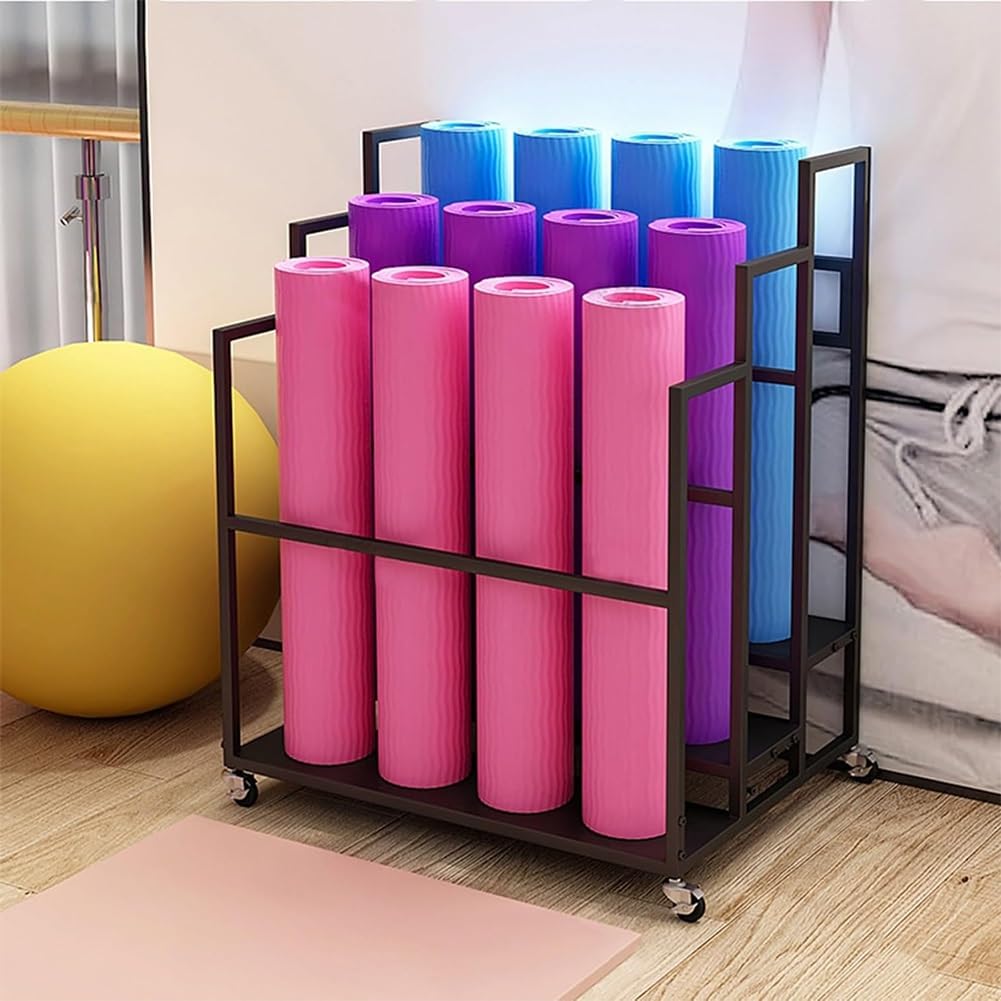 Soporte para esterillas de Yoga, Carrito Resistente de 3 Niveles con Ruedas, Soporte metálico para 30 esterillas y Rodillos de Espuma, Organizador para gimnasios/Estudios de Yoga (Negro, 80