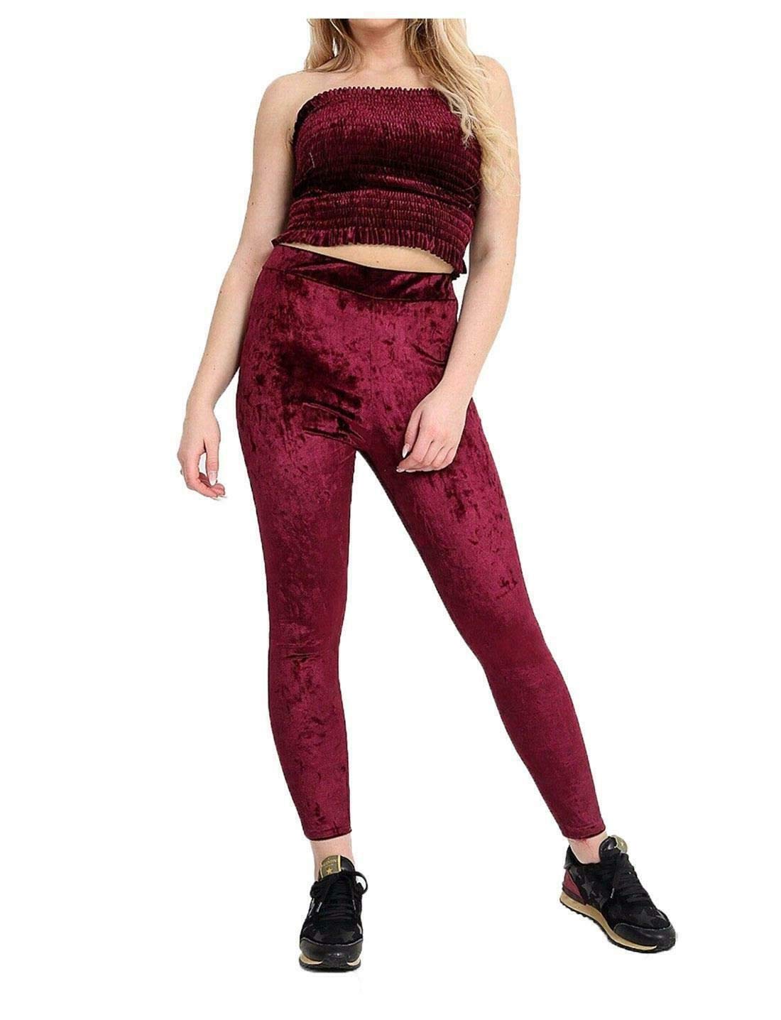 FAIRY TRENDZ Womens Strapless Sheering Boobtube Crop Top Crushed Velvet Set Ladies Bottom Legging Set Loungewear Tracksuit
