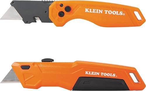 Klein Tools 44312 Juego de cuchillos plegables y cuchillos deslizables de 2 piezas, FLICKBLADE, retráctil con almacenamiento de cuchillas en la