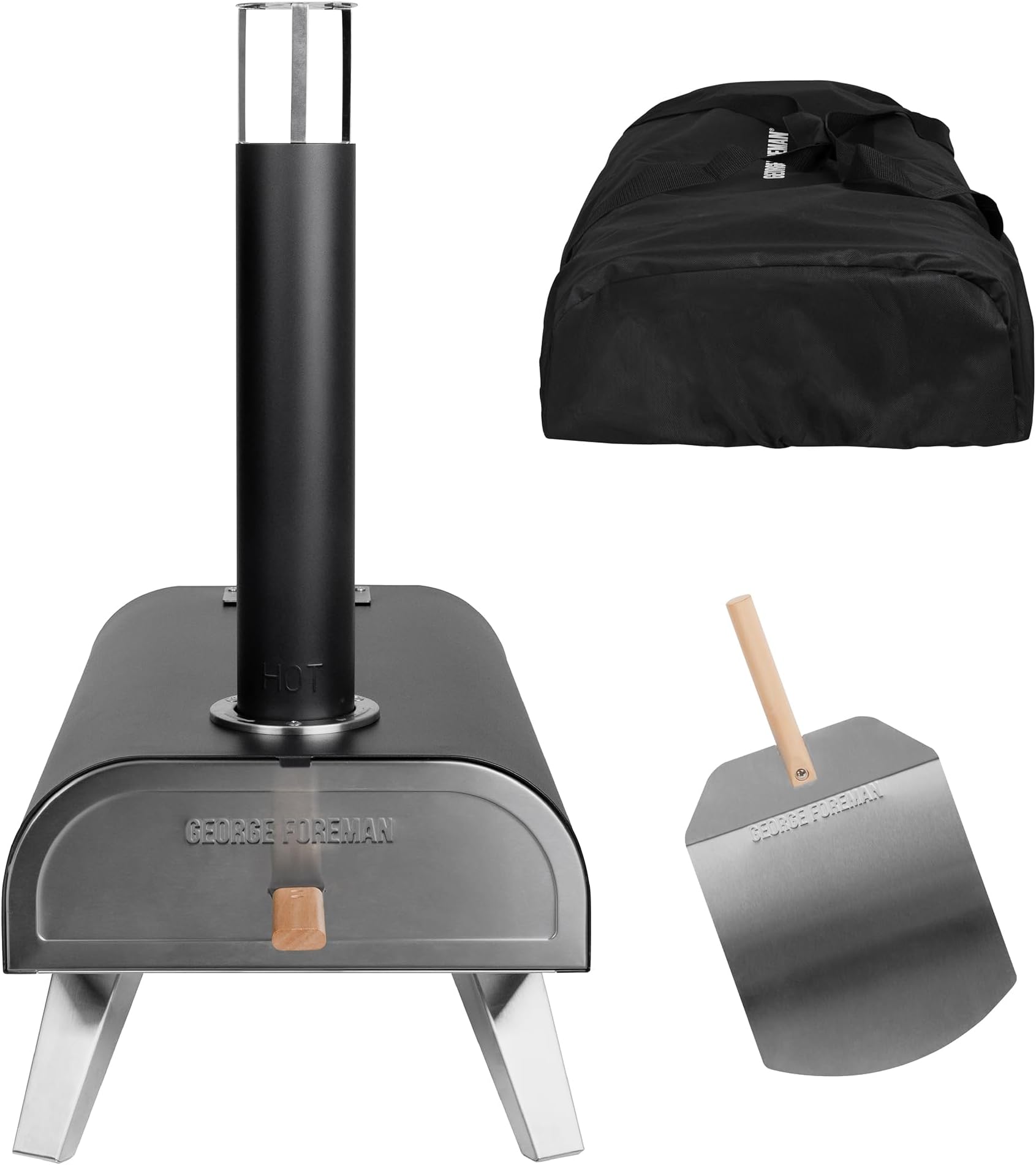George Foreman Outdoor 12 Inch Wood Pellet Portable Wood Fired Pizza Oven Black with Paddle and Carry Bag, BBQ Oven & Smoker, Foldable Legs GFWPPO1BPC
