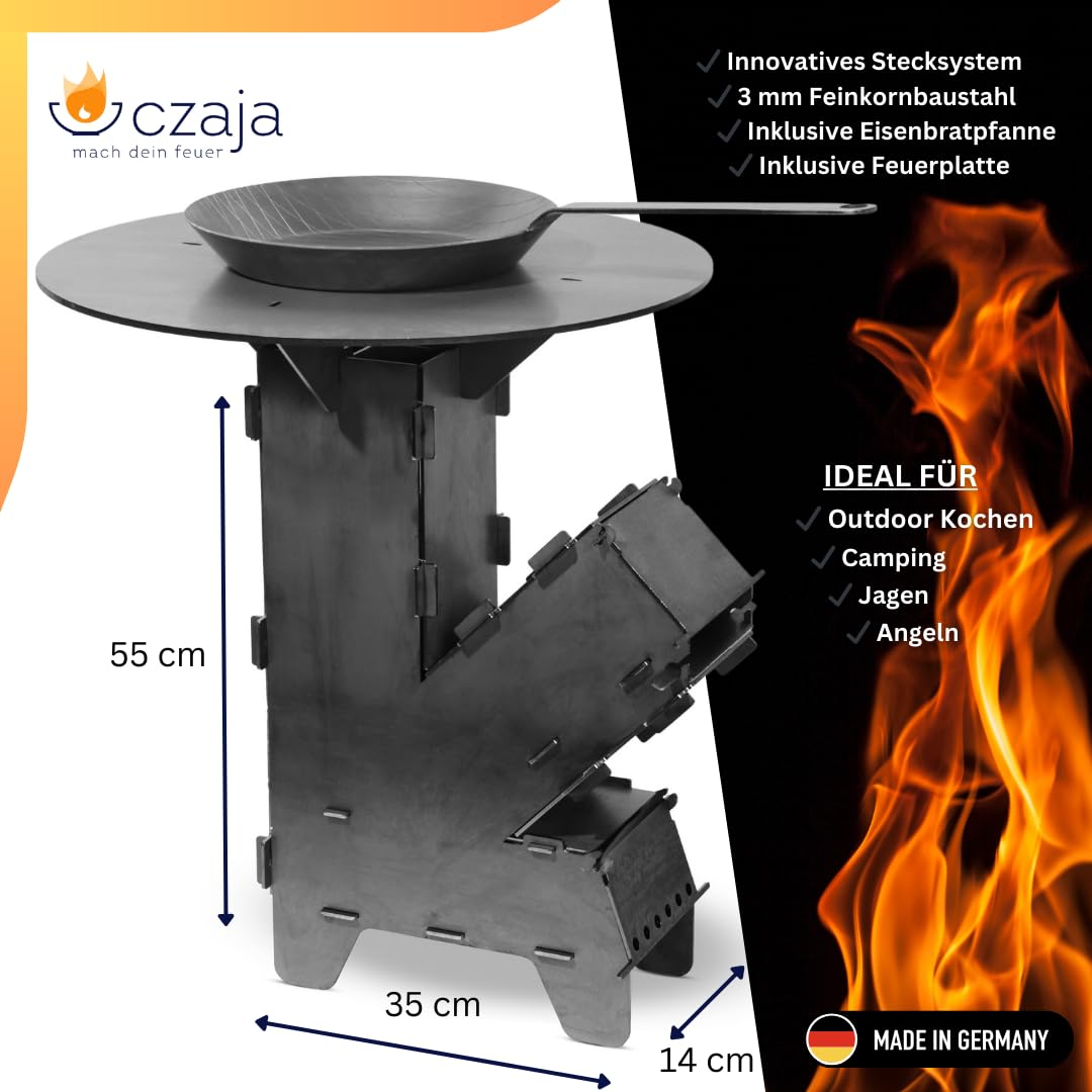 Czaja Fourneau Fusée avec Plaque de Cuisson 5 mm et Poêle en Fonte - Système Modulaire en Acier Massif, Brasero BBQ, Plaque de Feu, Poêle à Bois, Réchaud de Camping, Barbecue - Fabriqué en Allemagne