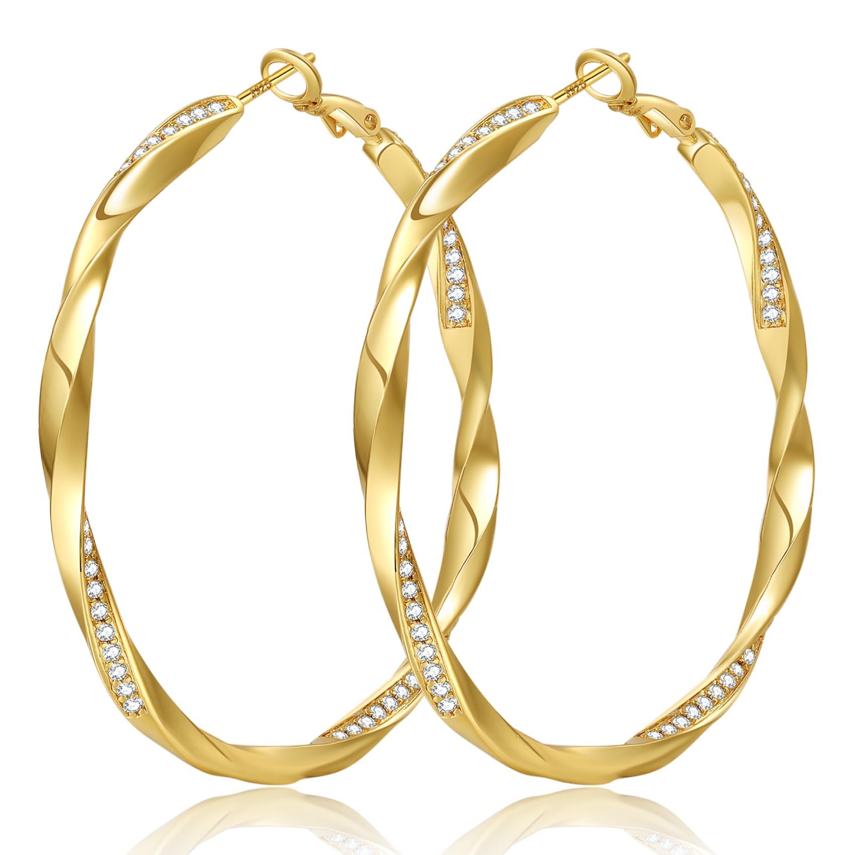 SenteriaLarge Gold Hoop Earrings 14K Gold Plated Twisted Hoop Earrings for Women Lightweight Hypoallergenic Big Gold Hoops Earrings for Girls with Cubic Zircon 40/50/60mm
