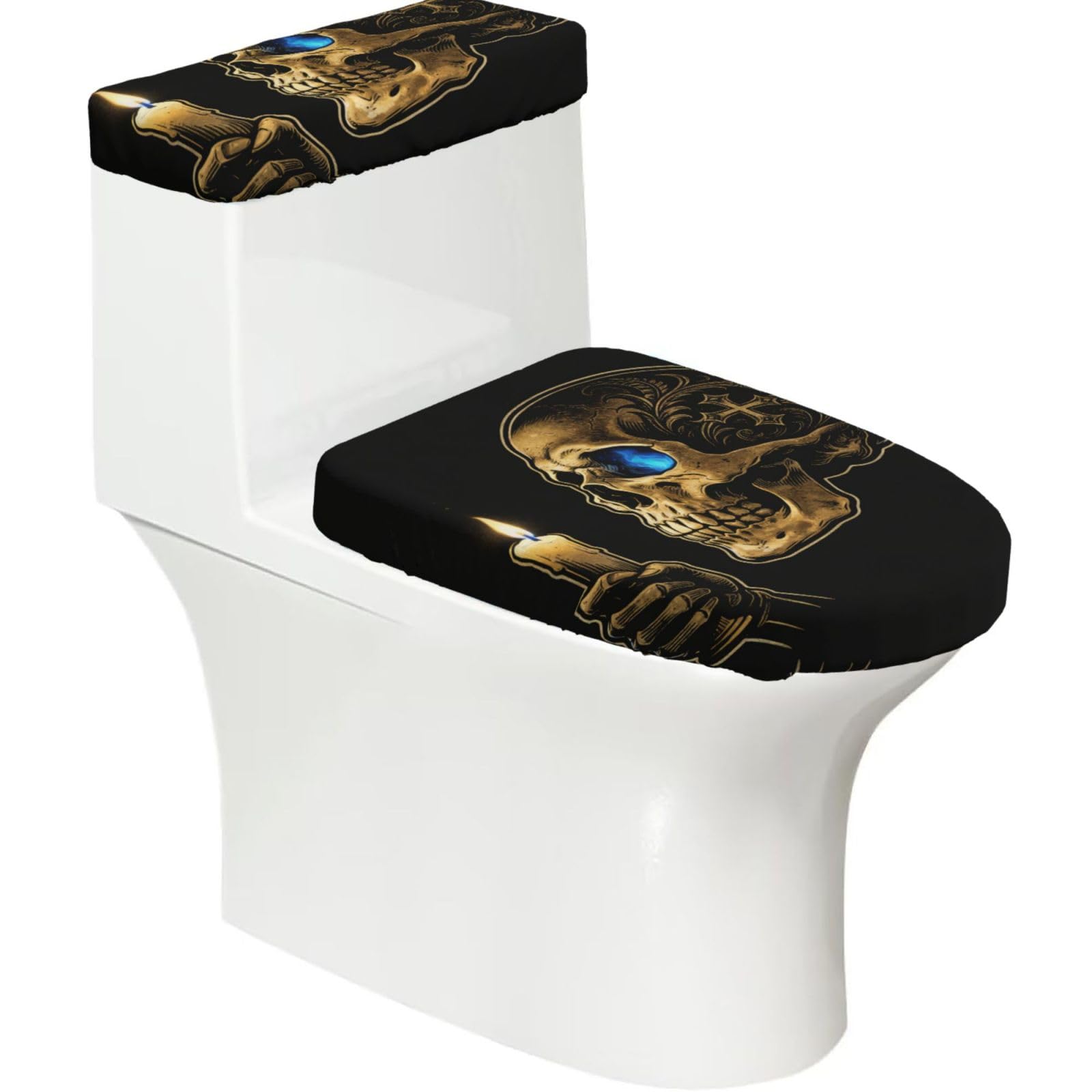 Duykimqw Black Skull With Blue Flame & Candle Print Bathroom Toilet Lid Cover