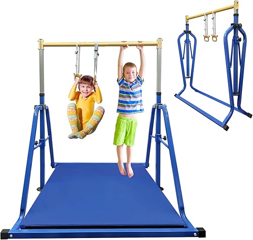 Barra de gimnasia para niños con juego de anillos, 7 alturas ajustables, fácil de plegar, barra de entrenamiento de gimnasia para niños, barras