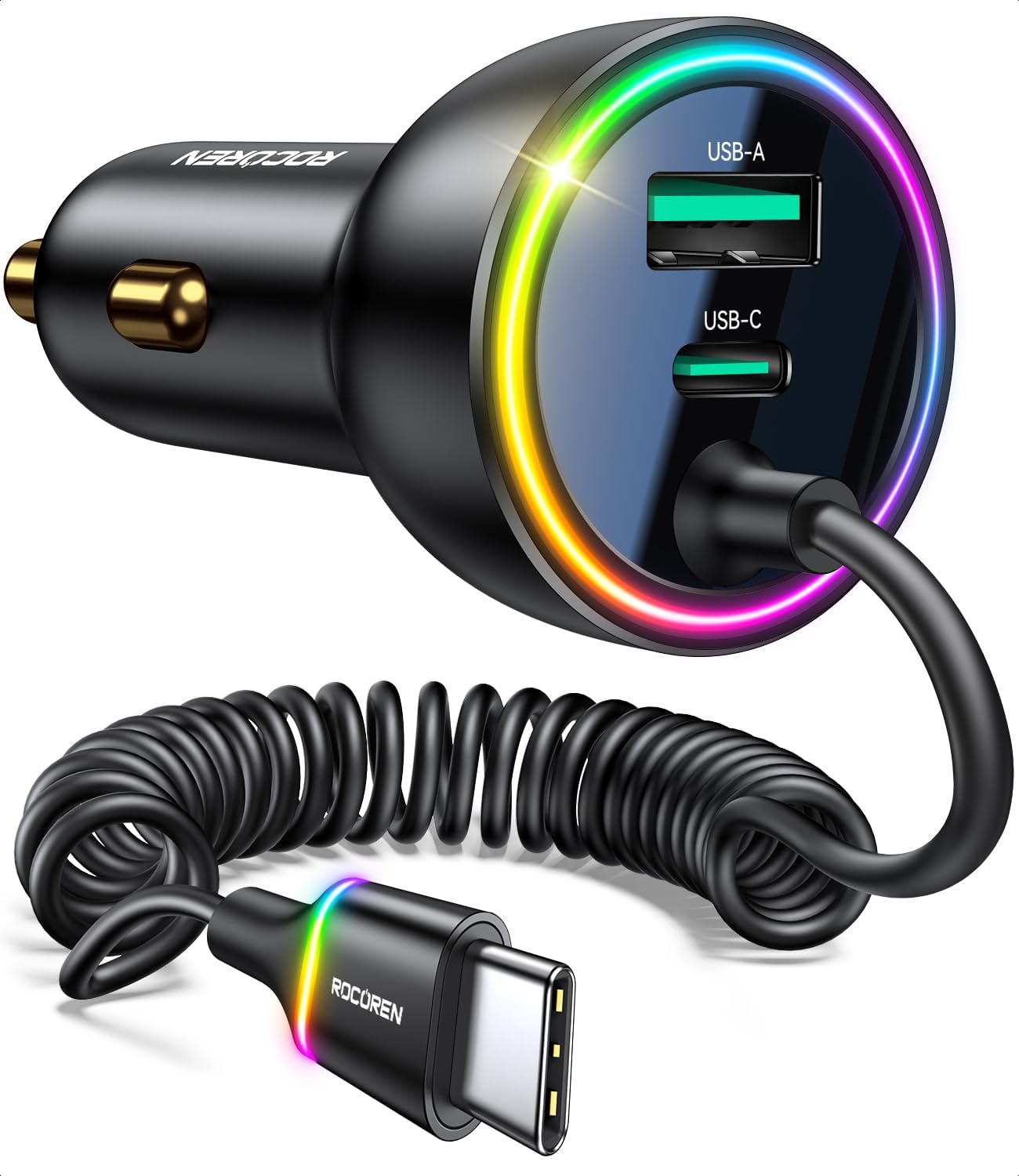 70W Car Charger for iPhone 17 Pro Max, USB C Car Charger Fast Charging with 5.2Ft Type C Coiled Cable, Super Fast USBC Phone Cigarette Lighter Adapter for iPhone 17/16/15, iPad,Samsung,Android