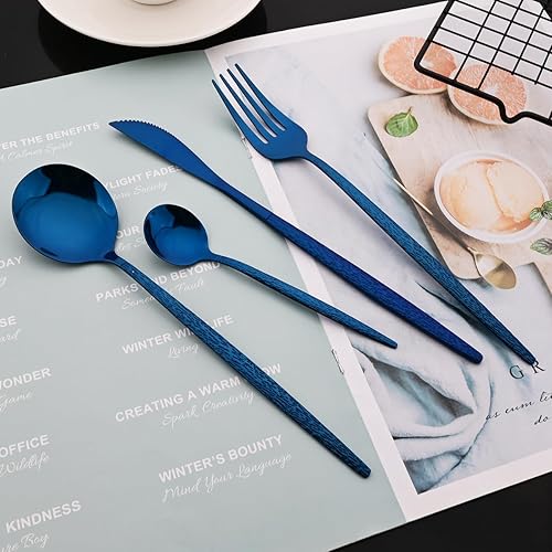 Miniatura 4 de JASHII Juego de cubiertos martillados, juego de cubiertos de 24 piezas de color azul pulido espejo para 6, juego de cubiertos de acero inoxidable,