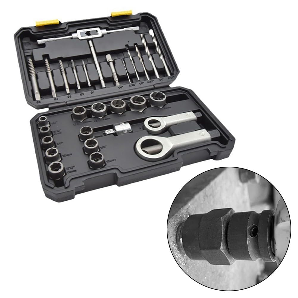 FACAIIO Set di 29 chiavi a bussola per estrattori di bulloni rotti, con adattatore e punte da trapano, per rimuovere dadi in acciaio MO, viti danneggiate spogliate, esagonali da 1/2" a 3/8", scatola