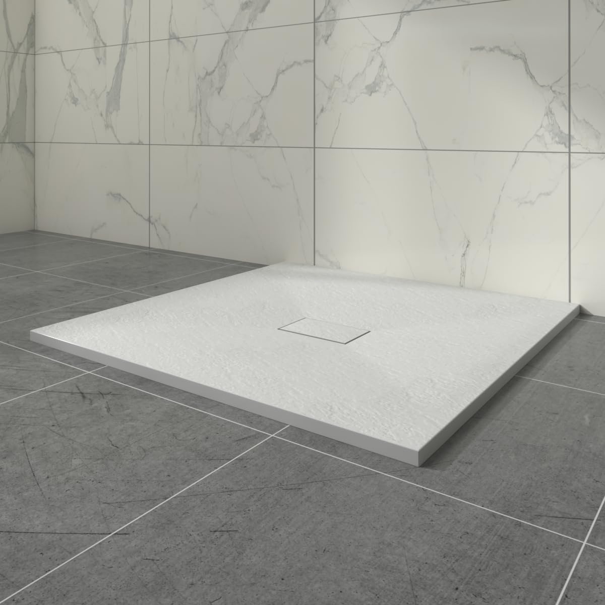 Aquariss White 1000X1000mm Square Shower Tray With Waste Trap Slate Effect Slip-Resistant Cubicle Base For Bathroom Enclosures Wetroom