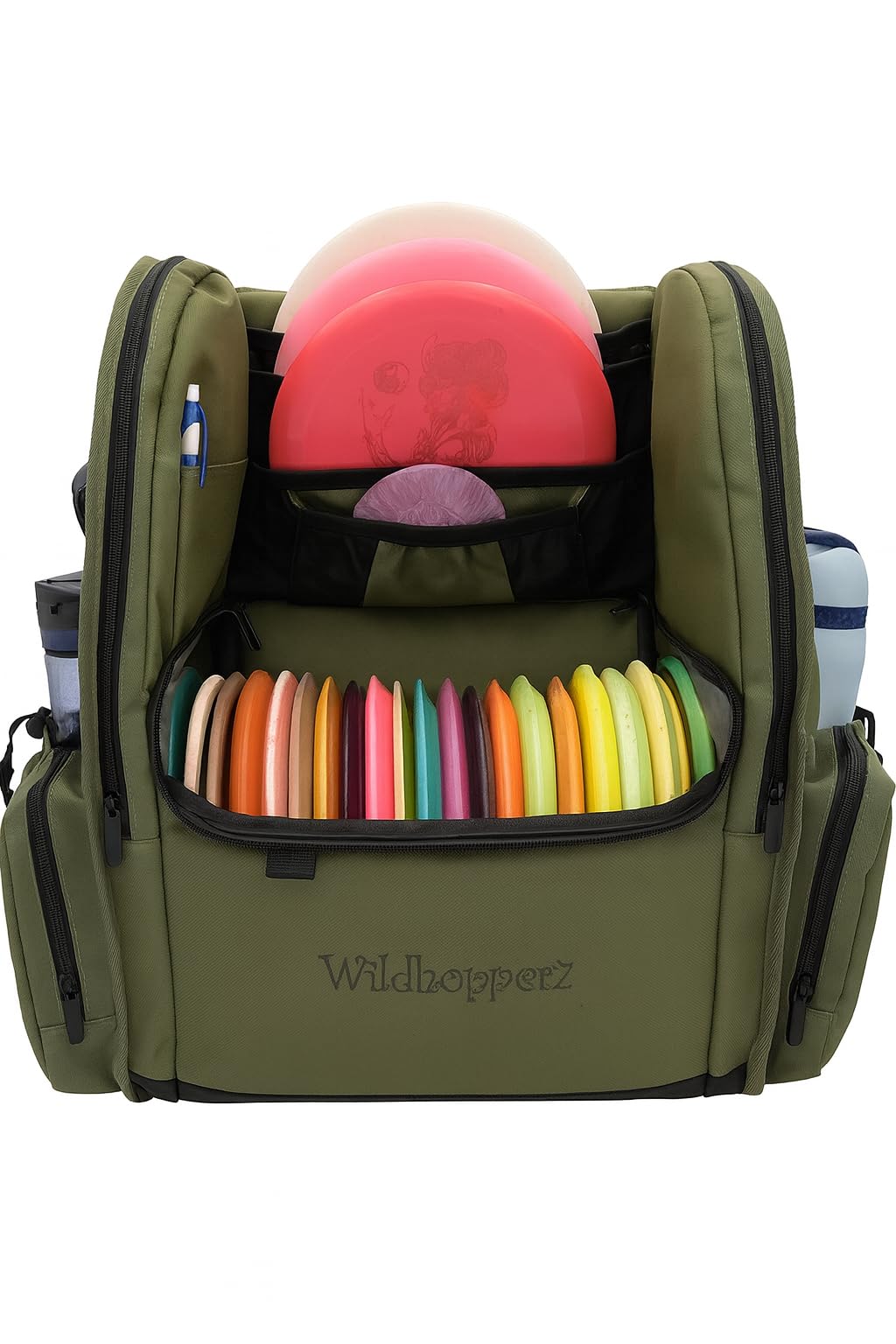 Wildhopperz Disc Golf Backpack, Holds 26+ disk with putter slots, Heavy Duty 600D Polyester, Multiple Storage Pockets, Cinch Tie Drink Pockets, Pencil