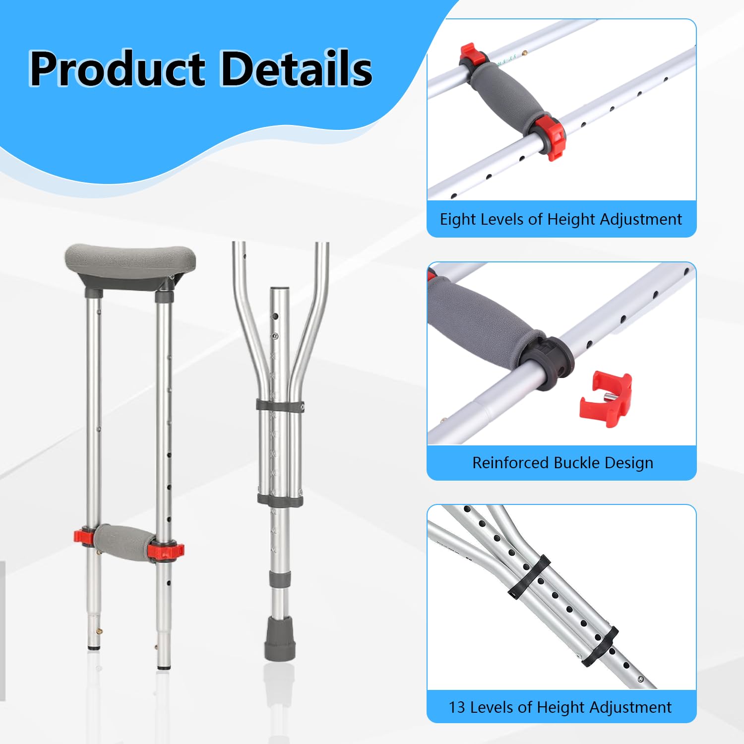 Muletas para axilas para adultos, 2 muletas plegables de altura ajustable de aluminio ligero con asas acolchadas y pies antideslizantes, muletas resistentes que soportan 330 libras para hombres y