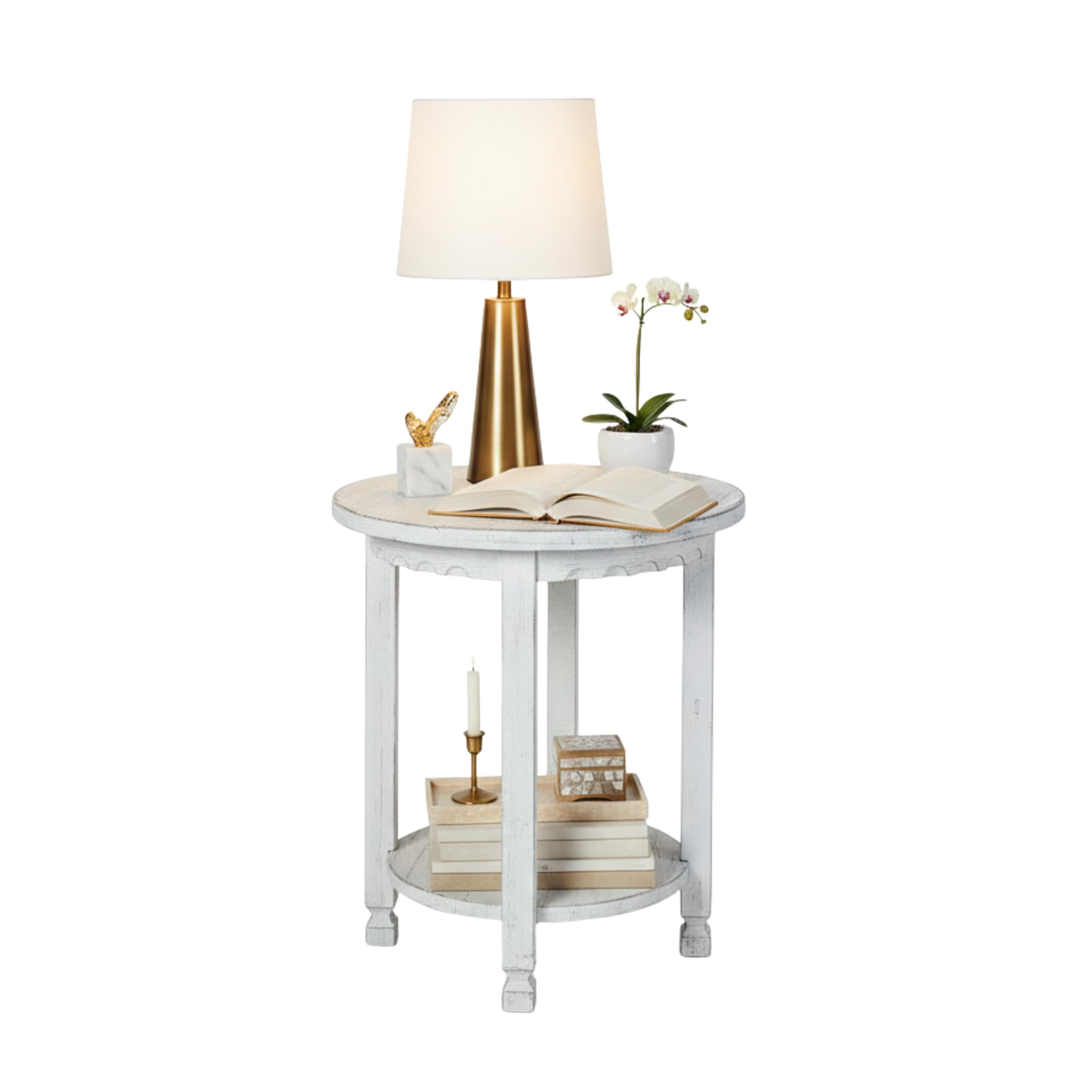 Country Cottage Round End Table – 20” Rustic Farmhouse Side Table with Lower Shelf, Carved Edges & Square Turned Legs – Accent Table for Living Room or Bedroom (Antique White)