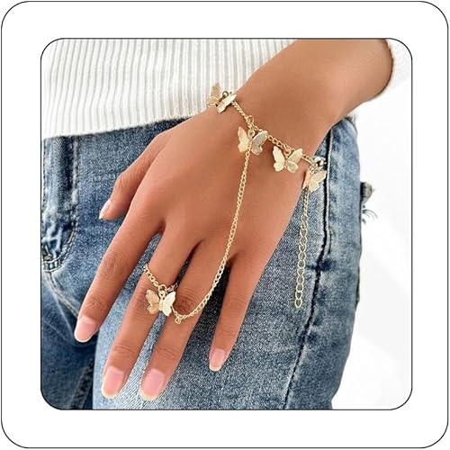 Bethynas Pulsera bohemia con borla de mariposa con anillo de dedo esclavo, colgante de mariposa gitana, arnés de mano, anillo bohemio, pulsera de