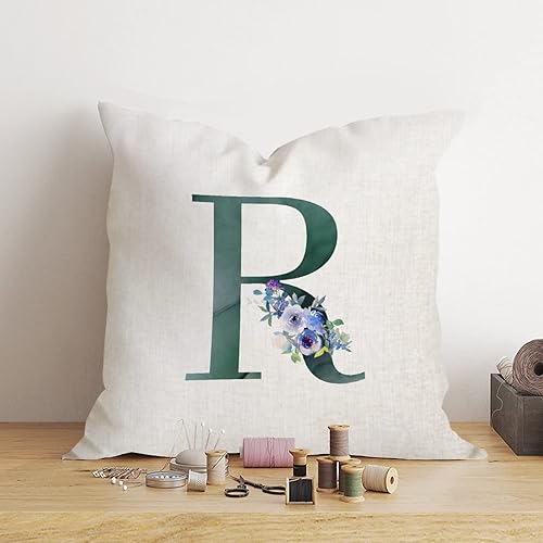 Miniatura 2 de Funda de almohada con monograma inicial de letra R con letra, diseño floral, funda de almohada personalizada con letras verdes oscuras, decoración
