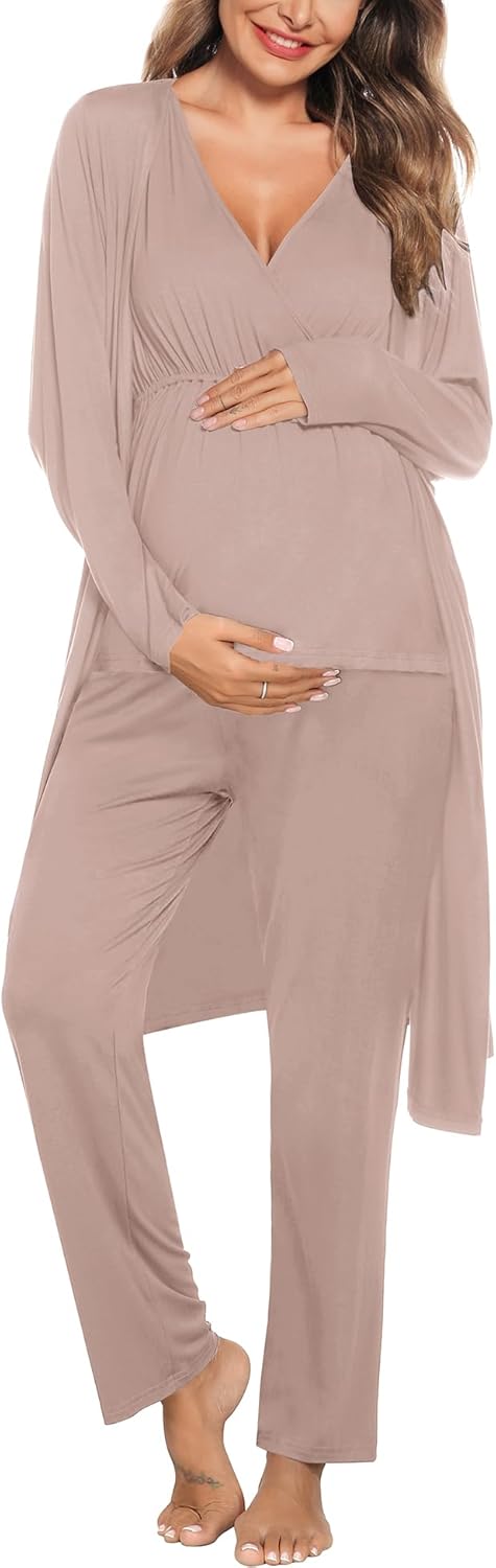 SWOMOG Maternity Nursing Robe Set 3 Piece Postpartum Breastfeeding Pajamas 3 in 1 Hospital Labor Delivery Pregnancy Pjs