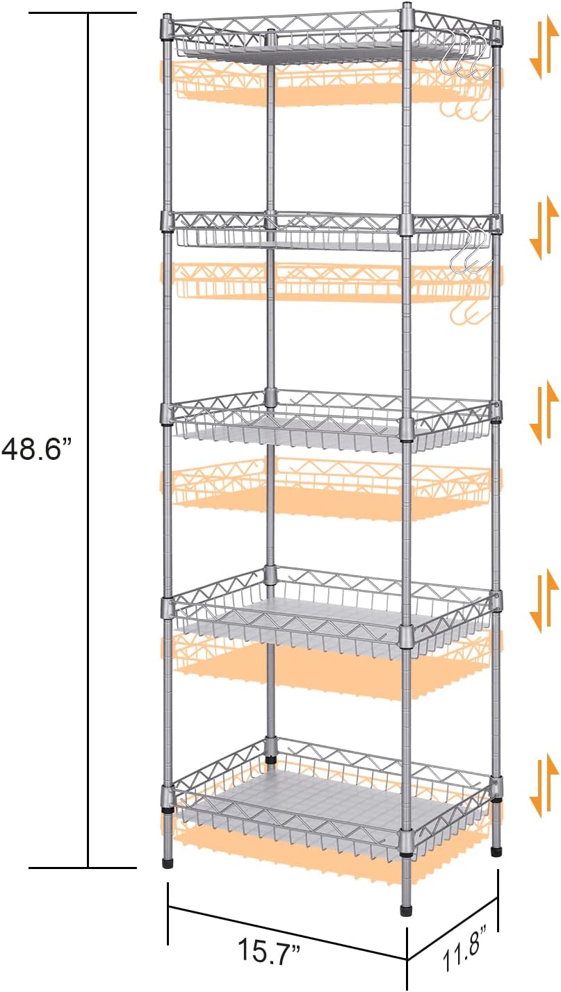 ELYKEN 5 Tier Wire Shelving Unit with Baskets, 15.7 x 11.8 x 48.6 Inches, Adjustable Metal Storage Rack for Pantry Closet Kitchen Laundry Bathroom, with 5 PP Sheets, Removable Hooks, Sliver