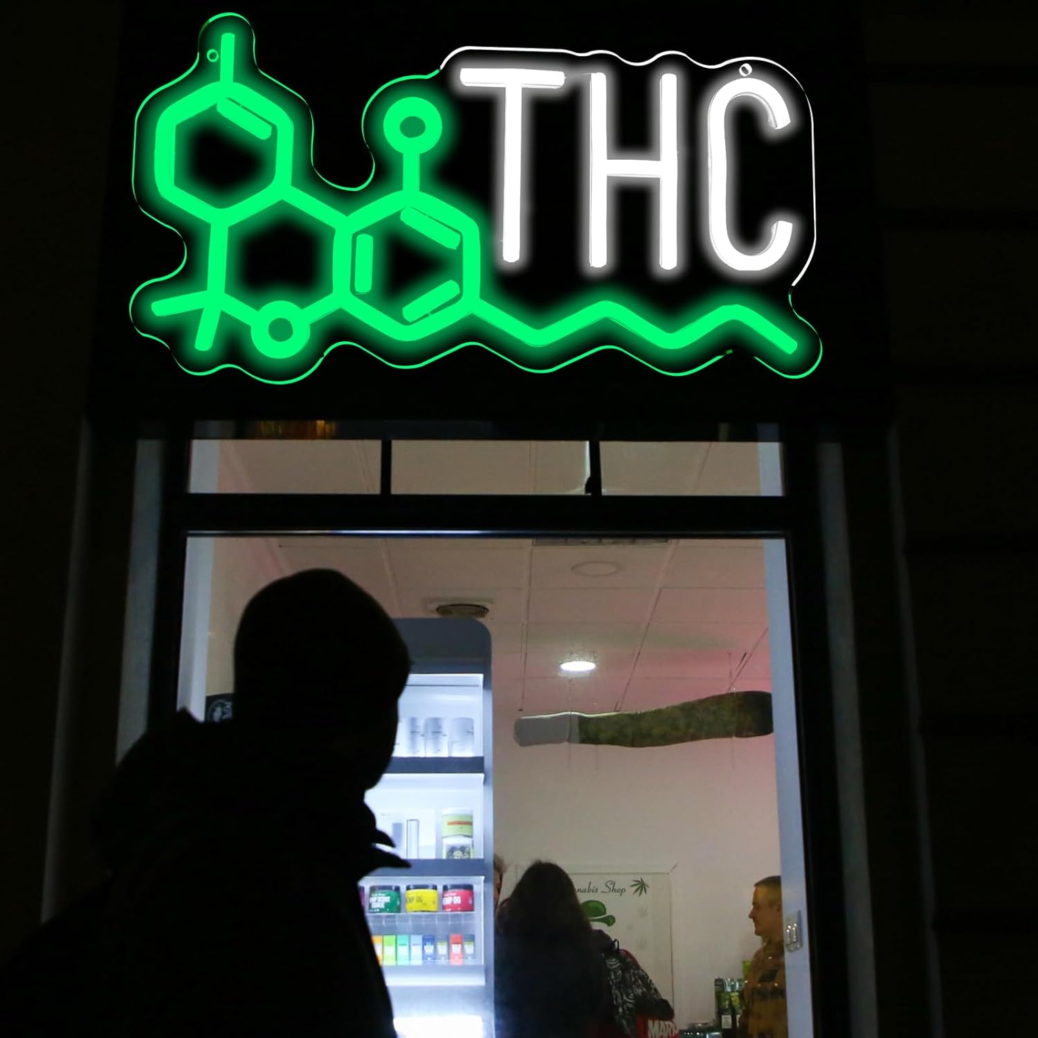 THC Neon Sign for Wall Decor, Dimmable Smoke Shop Neon Lights for Weed Store, Business,Man Cave,Bar Pub,Smoking Lounge or Party Decor (Green & White)