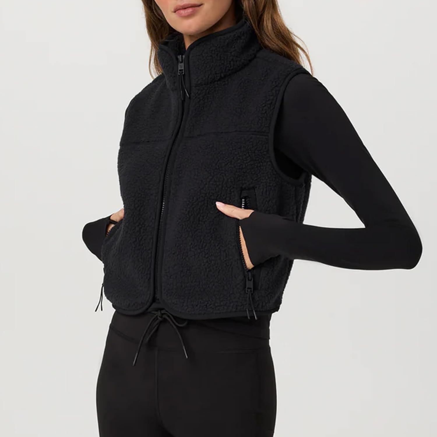Womens Cropped Fleece Vest Sherpa Vest Warm Fuzzy Fall Jacket Sleeveless Zip Up Waistcoat with Pockets
