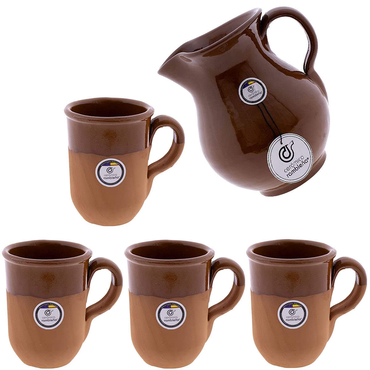 CERÁMICA RAMBLEÑA | Bierkrug Set | Biergläser Set 4 Stück | Bierkrug und Schläuche Set | 1.5 Liter Krug Set | 4 Gläser 350 ml