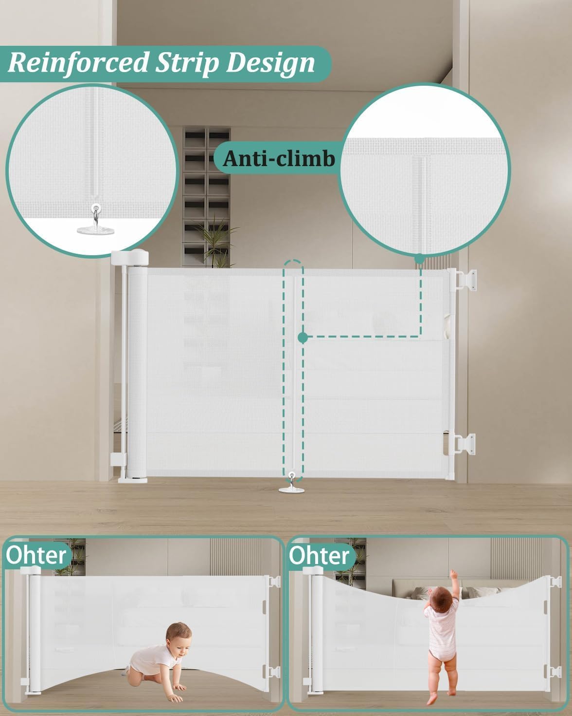 50 inch retractable baby gates 42 inch tall, retractable gate with reinforced strip design to prevent crawling through, retractable dog gate for stairs, doorways, hallways white 42" tall x 50" wide