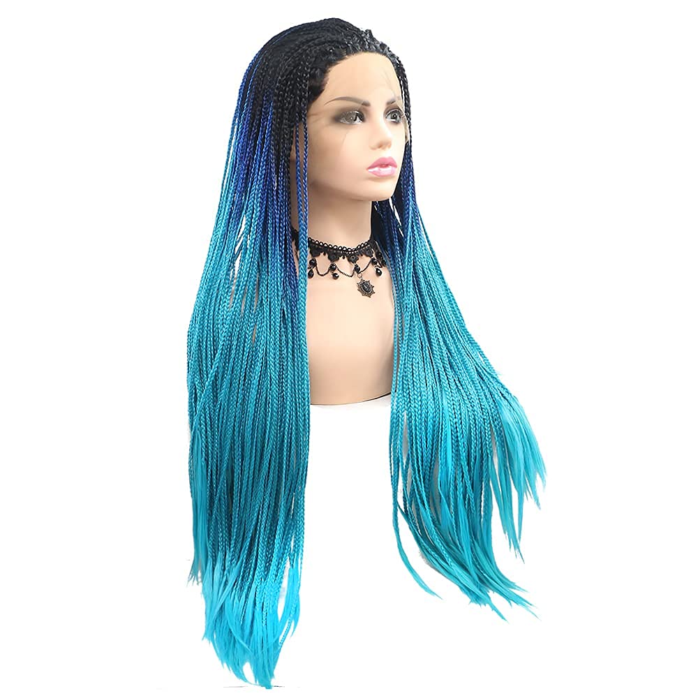 Black and Blue Graded Long Braids for Black Women Long Braided Wig Front Lace for Role-playing Wig Easy to Wear Heat Resistant Fiber Synthetic Wig