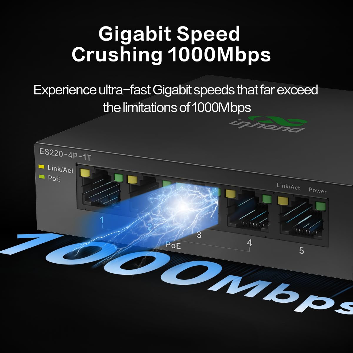 InHand Networks Switch PoE+ 5 Ports Gigabit (4X PoE+ @ 52W), Commutateur Ethernet Non Géré, Boîtier Métal, Fanless (Silencieux),VLAN Un Clic | Plug & Play pour Caméras IP, VoIP, TPE & Home Office