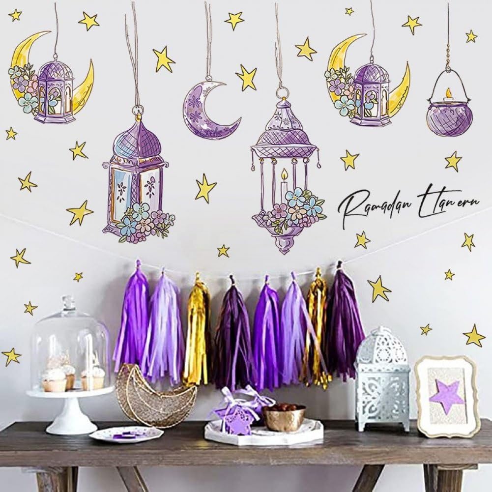 Adesivo Da Parete Ramadan - PVC 90x30 Cm - Con Stelle, Luna E Lanterne - Decorazione Islamica Per Finestre E Specchi - Foto 4