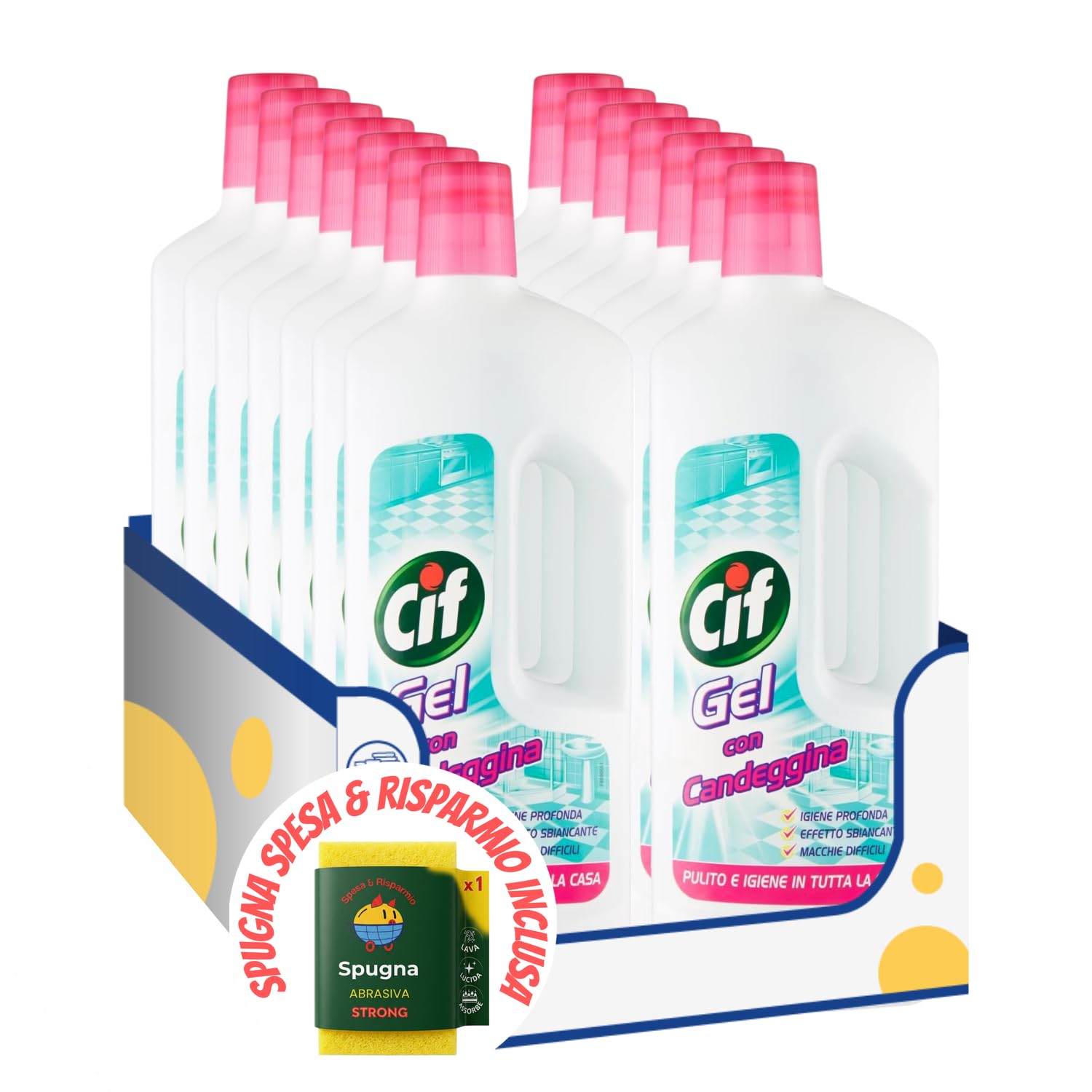 Gel Detergente con Candeggina – Pulizia Profonda Igienizzante – 750 ml – kit con Spugna Brandizzata SPESA & RISPARMIO Inclusa Variazioni 4/8/12 Pezzi (12)
