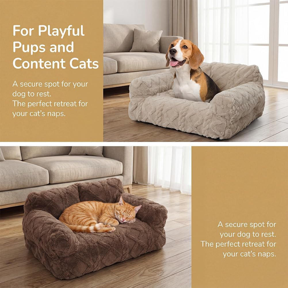Plush Calming Pet Sofa Bed - Soft Fluffy Dog and Cat Couch Bed, with Removable and Machine Washable Cover, Non-Slip Bottom, 5 Sizes for Small Medium Large Pets, All-Season Comfor (Gray, Medium)