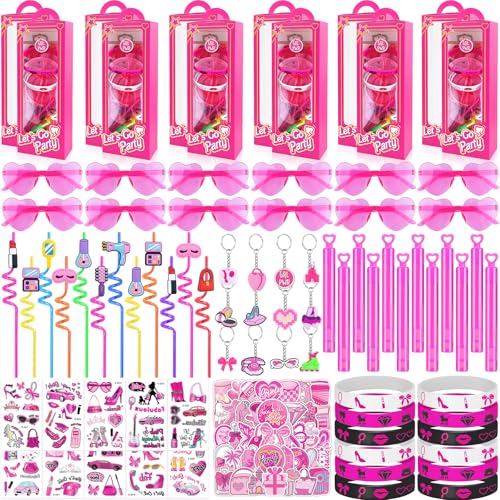 We1stdsee 184Pcs Pink Girls Party Favors Pack - For 12Guests Includ Goodie Box Heart Glasses Straws Bubble Wands Tattoo Sticker Bracelet Keychain for Kids Girls Birthday Party Decoration Supplies