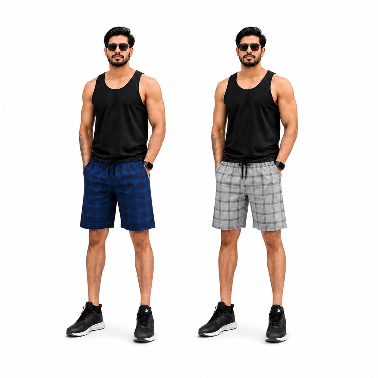 Men’s Checkered Shorts Pack of 2 | Soft Lightweight Lounge Shorts with Elastic Waist, Adjustable Drawstring & Side Pockets | Casual, Travel, Workout Assorted Colours-picture-21