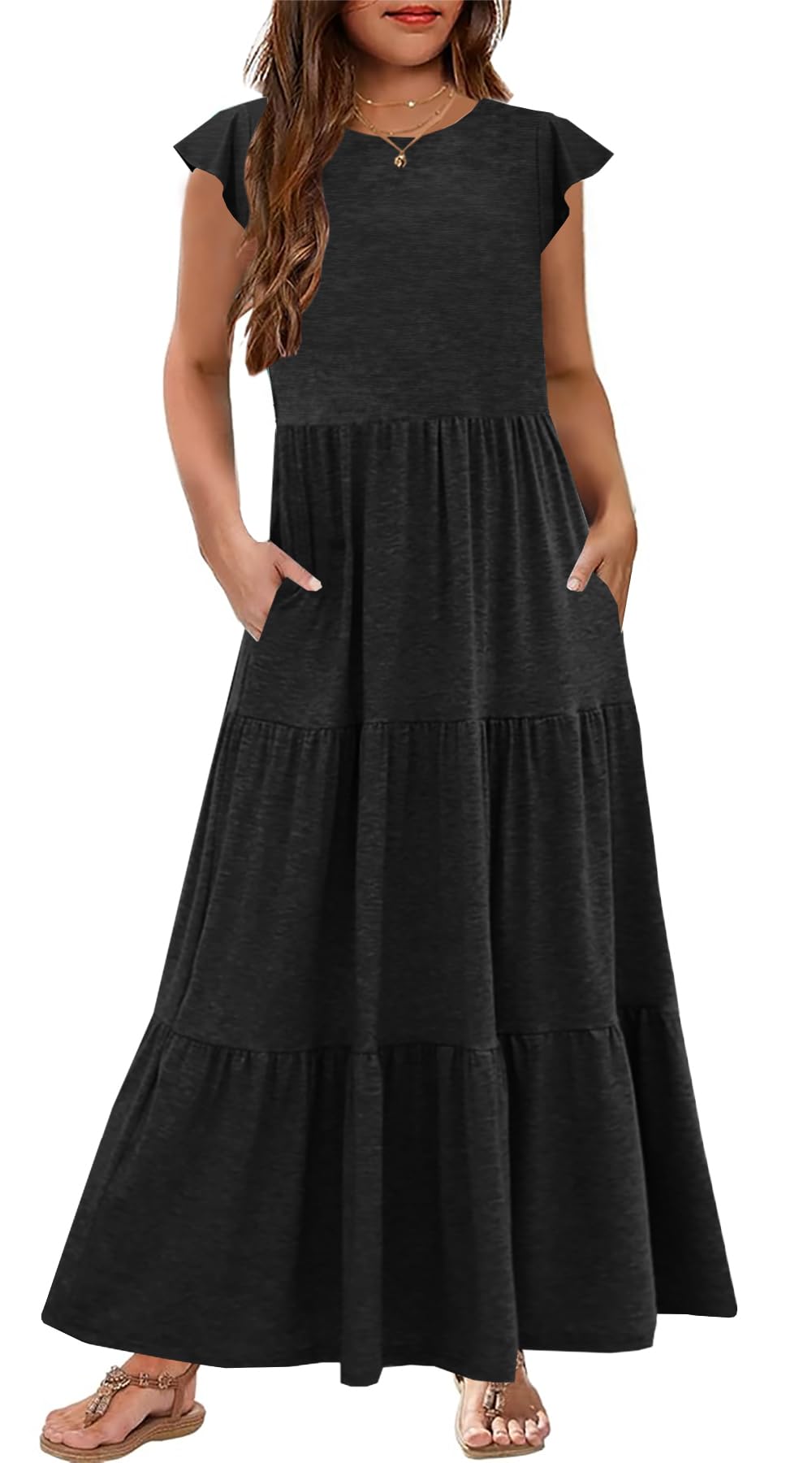 HOSIKA Girls Summer Casual Ruffle Short Sleeve Crewneck Aline Flowy Tiered Beach Maxi Sundress with Pockets for 6-12 Y