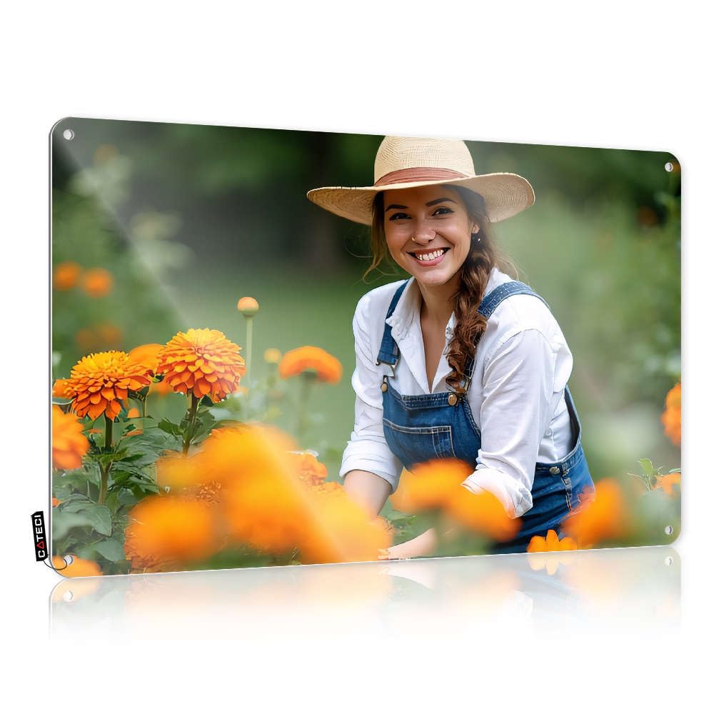 Sujd Colour Decaor Birthday Cool Wall Decor - A Woman In A Straw Hat Smiles Among Orange Flowers. Quality Metal Wall Art Ready To Hang For Club(20X30cm)