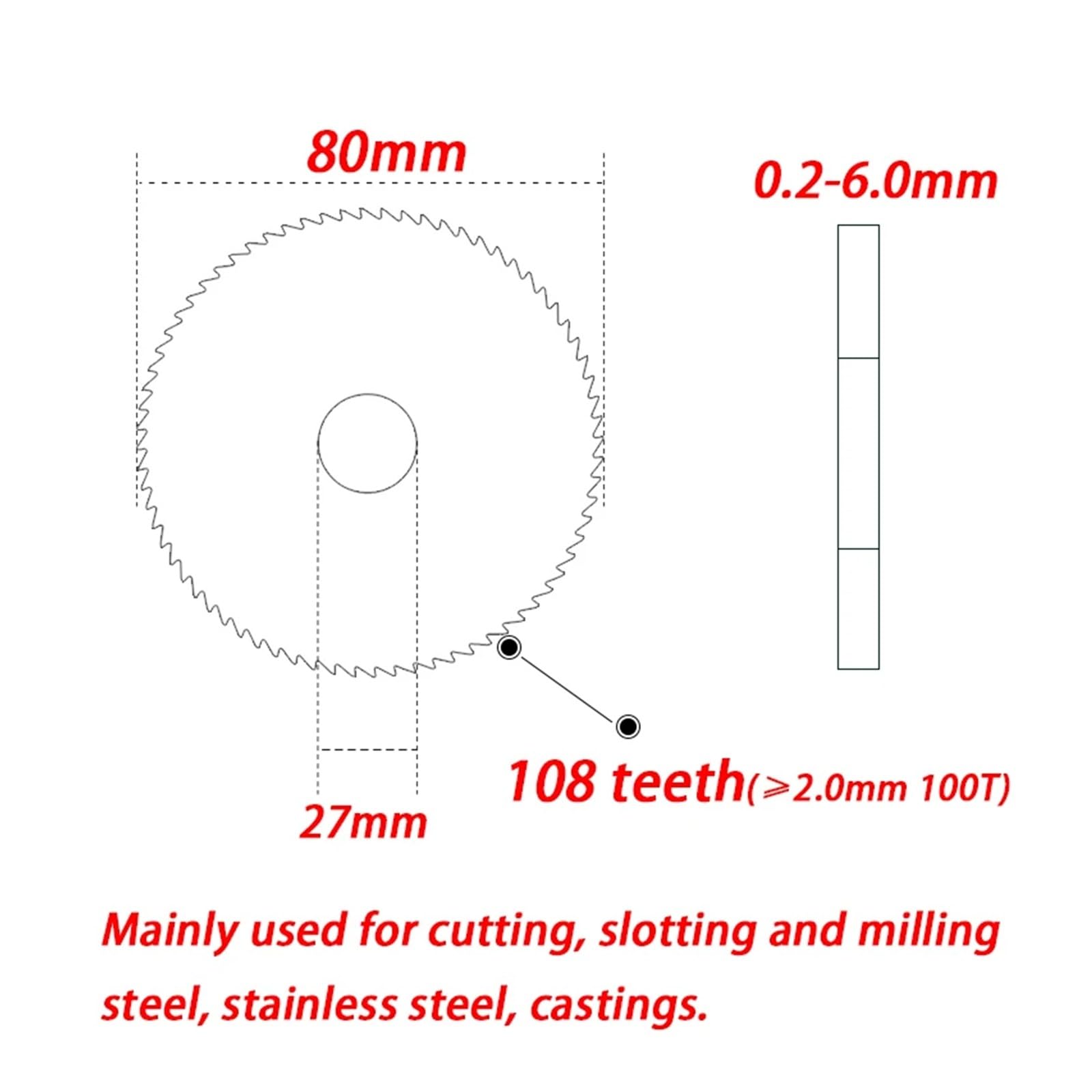 1 szt. 80 mm frez otwór 22 25,4 27 mm tarcze tnące z węglika spiekanego 80 CNC ostrze cięte ze stali nierdzewnej aluminium(Bore 27mm,Cut Thickness 0.6mm)