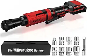 3/8 Inch Cordless Ratchet Wrench, for Milwaukee M18 Battery, 88Ft-Lbs, 0-400RPM, Electric Ratchet Wrench Set with Variable Speed Trigger, Reinforced Head, R&F Switch, 7 Sockets, 3/8" to 1/4" Adapter