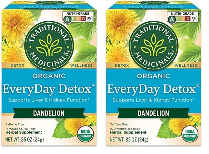 Traditional Medicinals Organic Everyday Detox Tea Bags With Dandelion | Supports Healthy Liver & Kidney Function | Caffeine Free | Herbal Supplement | 16 Tea Bags (Pack of 2)